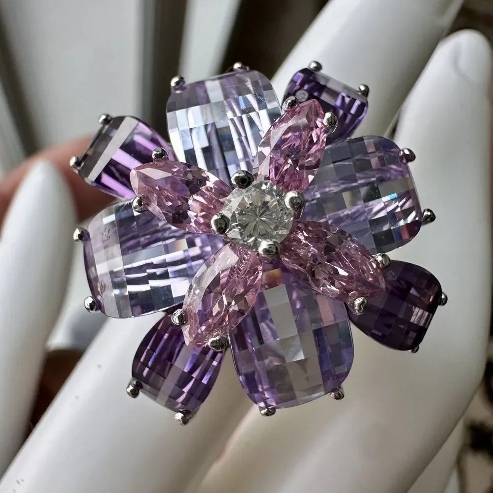 Statement Flower Ring Size 5 Purple Pink Gemstones Chunky Sterling Silver‎ 16+g